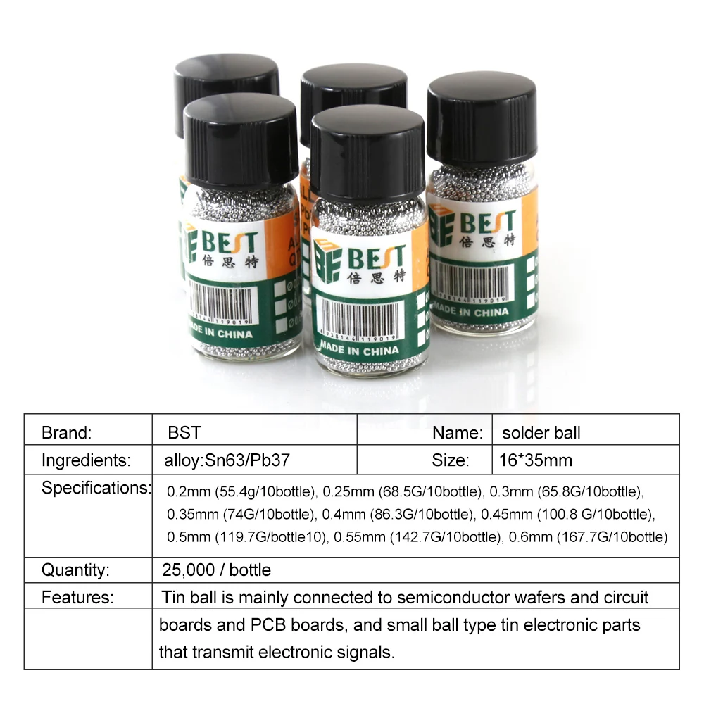 BST-505 Reballing Kit 0.25 0.3 0.35 0.4 0.45 0.5 0.55 0.6 0.65mm BGA Solder Ball sn63/pb3 For IC Chip BGA Rework Repair