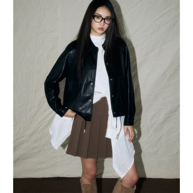 가을 신상 홍콩 스타일 레트로 캐주얼 빈티지 마이야르 스타일 오토바이 다용도 드로스트링 PU 재킷 패셔너블 쿨