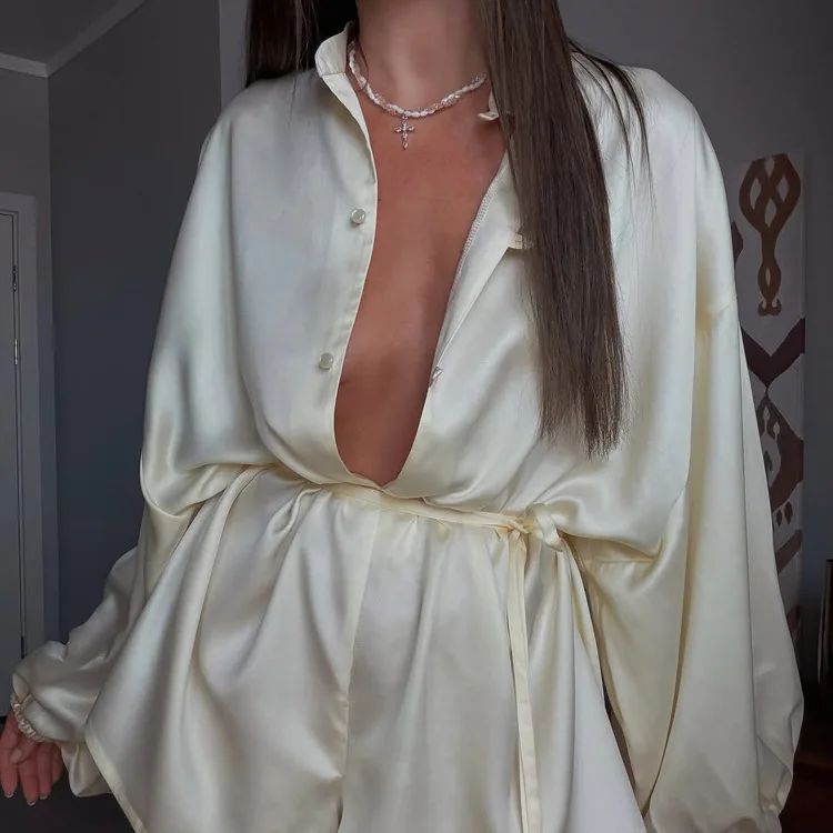 European and American women's 2026 summer new high-end stand up collar long sleeved single breasted loose lace up jumpsuit
