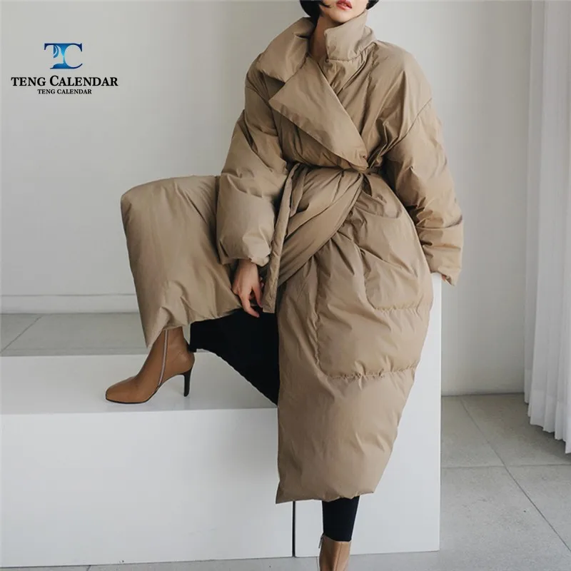 Winter Cotton Jacket, Korean Fashion Mid To Long Loose Lace Up Waist Cinching Thick Bread Jacket, Women's 2025 New Style