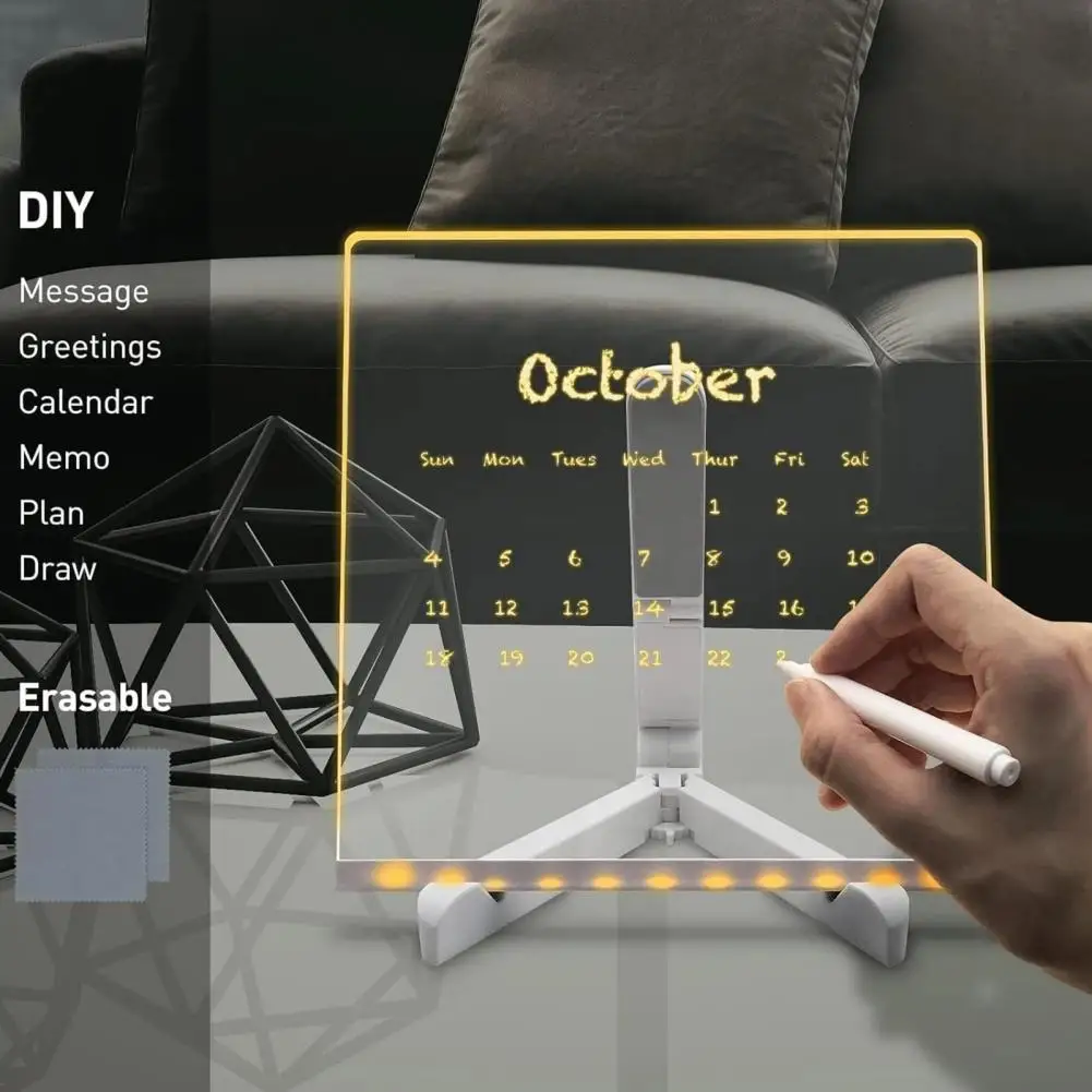 Tablero de notas LED con soporte, bolígrafos de Color, carga USB, acrílico transparente, borrado en seco, notas brillantes, tablero de mensajes de letras LED