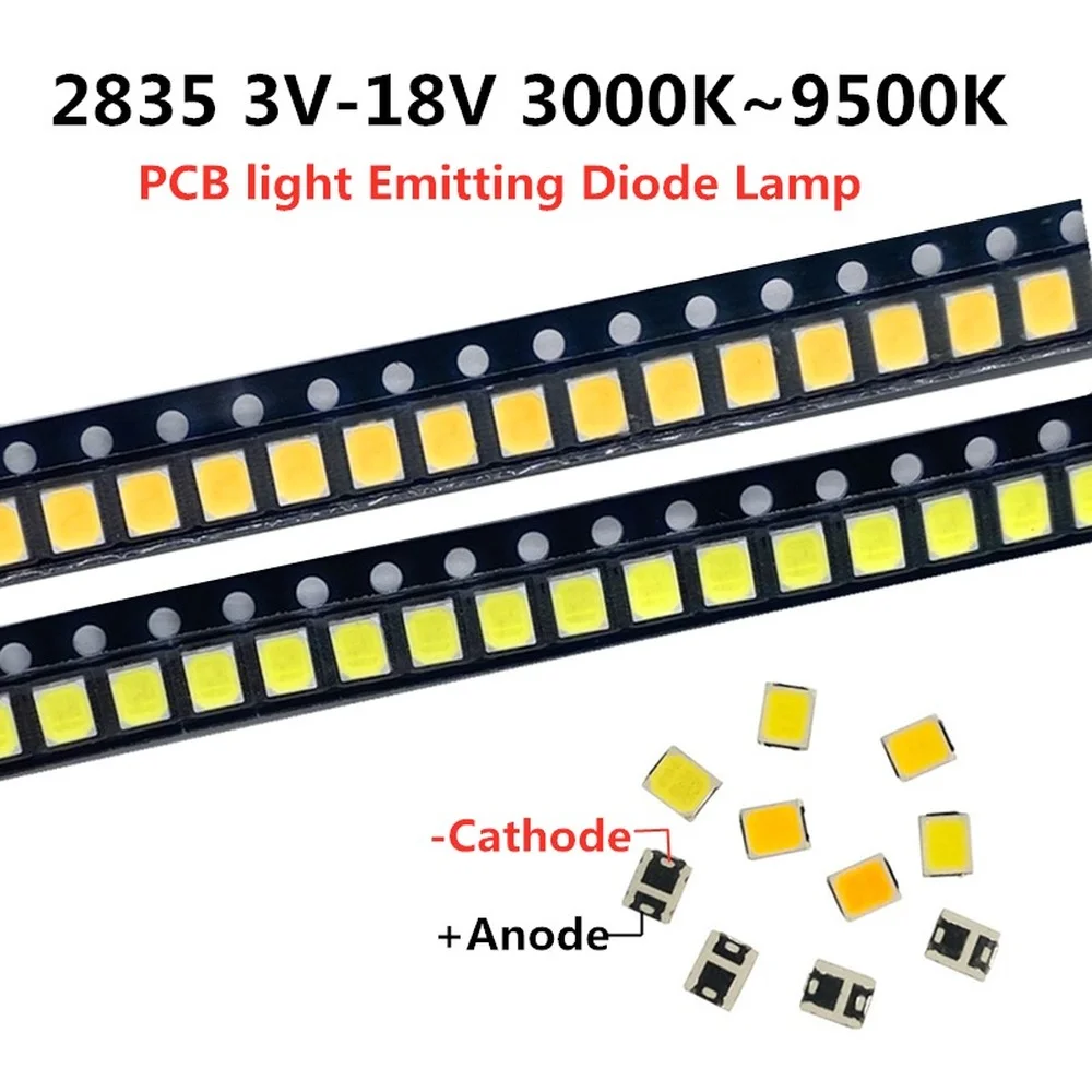 고휘도 2835 SMD LED 칩, 차가운 자연 백색 LED, 1W, 18V, 9V, 6V, 3V, 130lM, 3000K, 4000K, 6000K, 9000K, 100 개