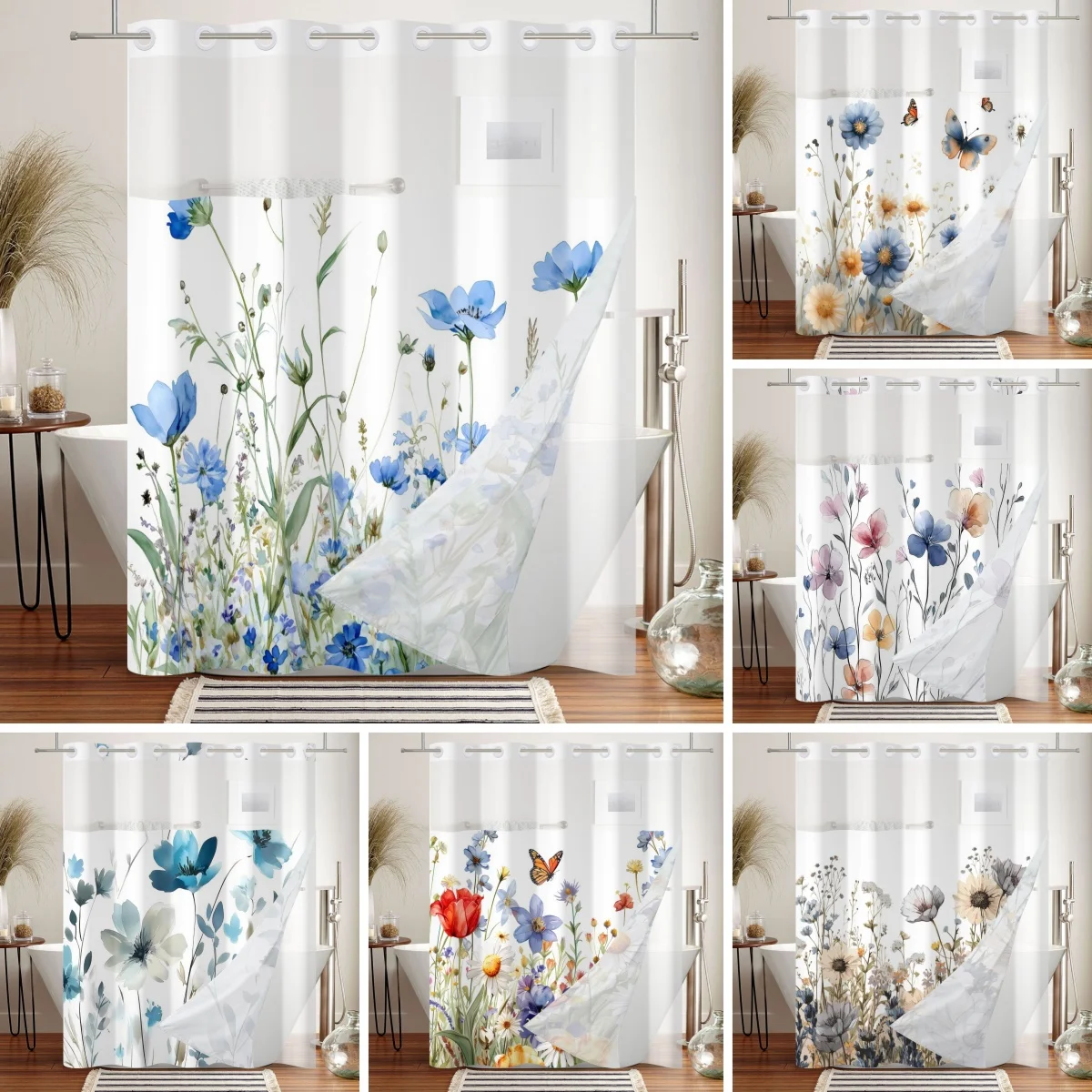 Premium Waterproof Shower Curtain Watercolor Flowers Design Inner Liner Easy to Hang Elegant Bathroom Decoration Privacy Curtain