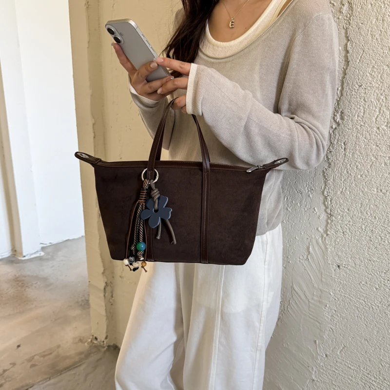 Soft Brown Suede Handbag Detachable Crossbody Strap Daily Shoulder Tote Bag Vintage For Travel School Weekend Y2K Capacity Bag