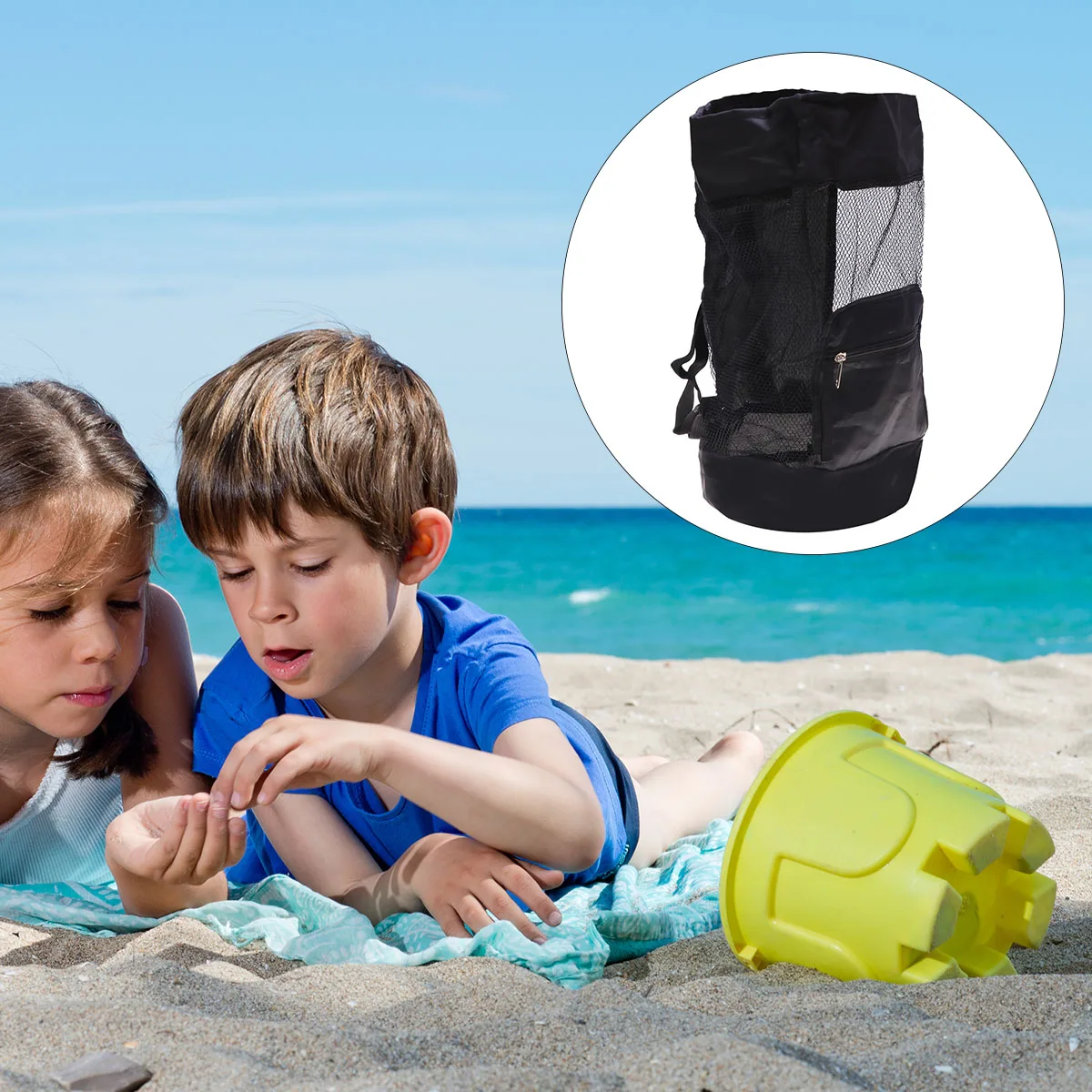 Kinderrugzak Strand Mesh Tote Bag Opvouwbare opbergtas Zandspeelgoed Zeeschelptas Baggergereedschapstas voor tieners Kinderen (zwart)