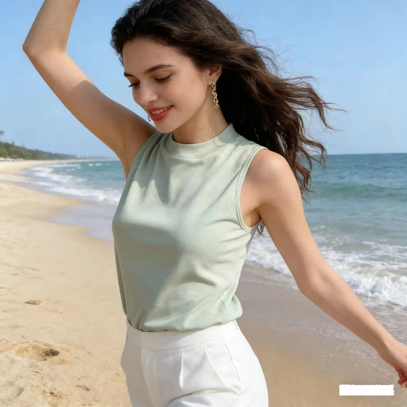 Summer New 100% Mercerized Cotton Semi-High Neck Vest Women's Suspender Top Sleeveless Cotton T-shirt