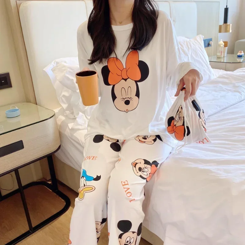 Disney Mickey Mouse pajamas autumn new pure cotton long-sleeved trousers silk pajamas women\'s cartoon loungewear pajamas set