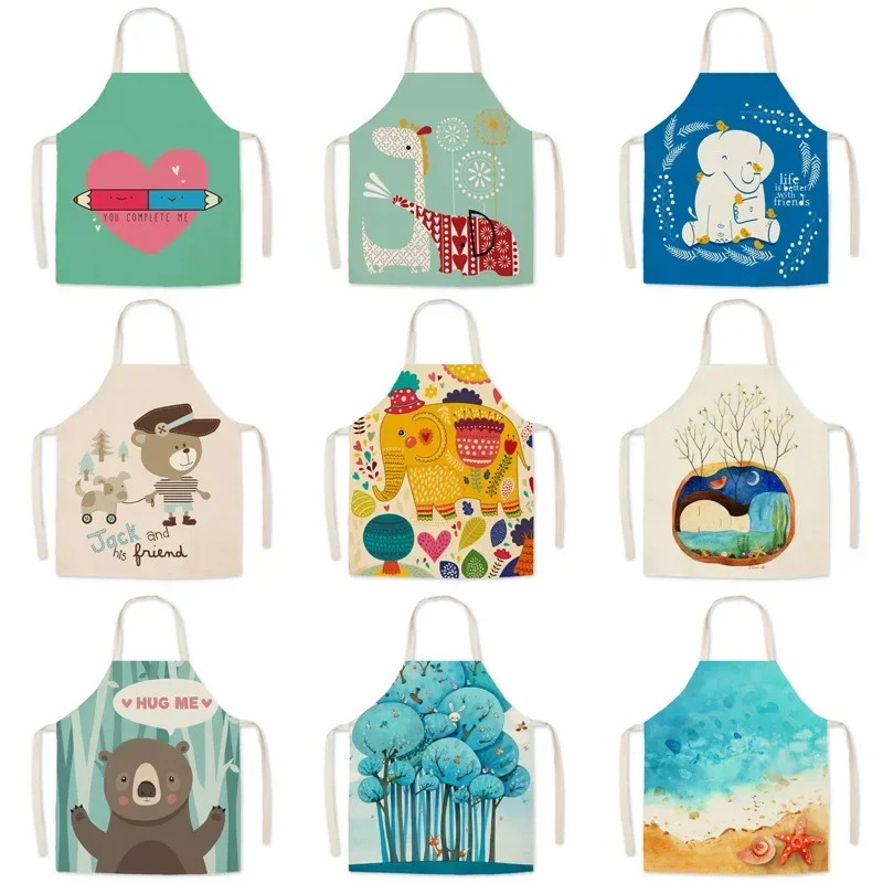 Cute cartoon animal creative printed kitchen apron linen female apron family clean kitchen oil anti -pollution apron delantal