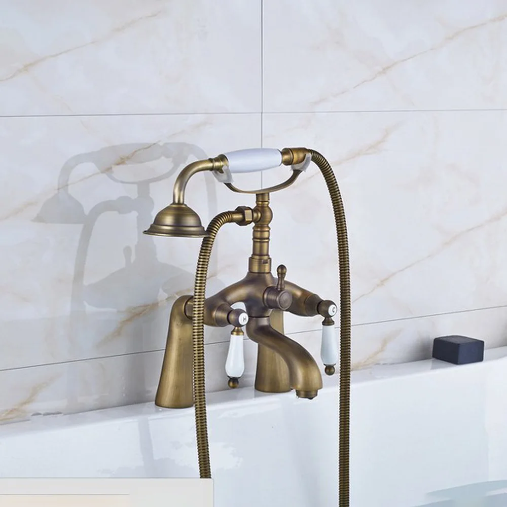 Bathtub Faucets Antique Brass Deck Mounted Bathroom Tub Faucet W/ Hand Shower Sprayer Tub Mixer Tap Zan008