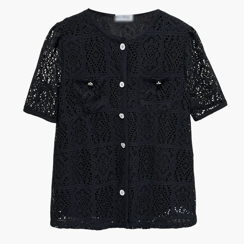 

2025 Блузки больших размеров, новые летние шикарные двойные кружевные ажурные рубашки с короткими рукавами, 100 кг, женский топ 3062