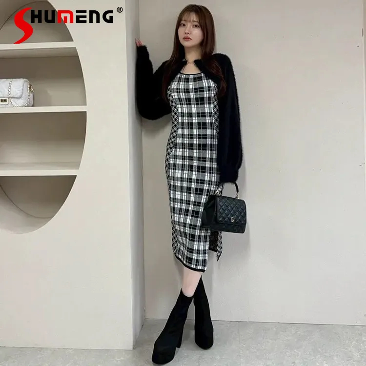

Japanese Style Fashion Sweet Plaid Patchwork Long Dress Knit Cardigan 2-Piece Set Spring 2026 Women's Slim Fit Elegant Dress Set