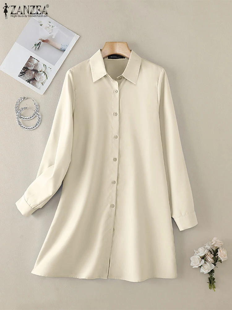 Zanzea primavera elegante lapela pescoço manga longa camisa vestido elegante vestidos femininos 2025 casual sólido ol trabalho na altura do joelho vestidos