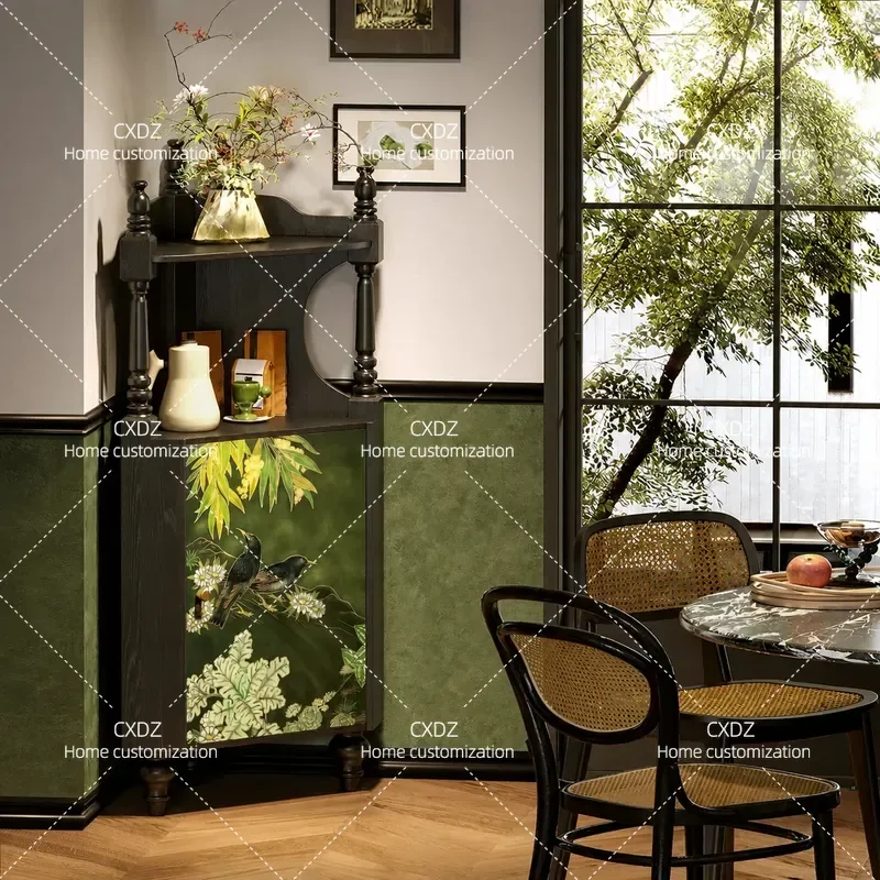 Medieval Flower Bird Pattern Solid Wood Triangular Corner Cabinet Retro Living Room Storage Side Cabinet Household Decor