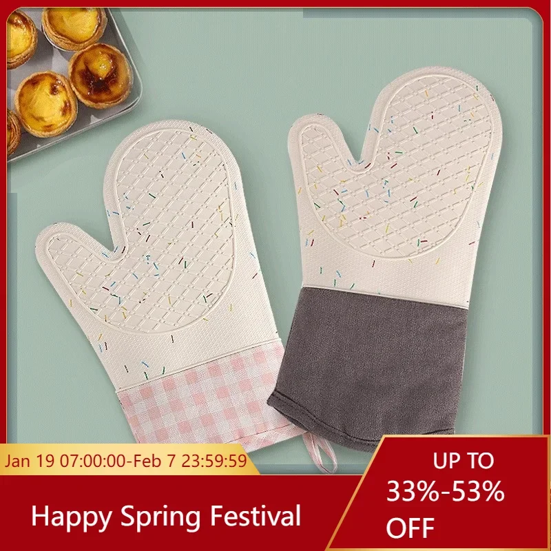 1Pcs Microwave Gloves Heat Insulation Silicone Baking Cotton Gloves Oven Mitt Pot Mat Nonslip Grilling Pad Hand Clip for Kitchen