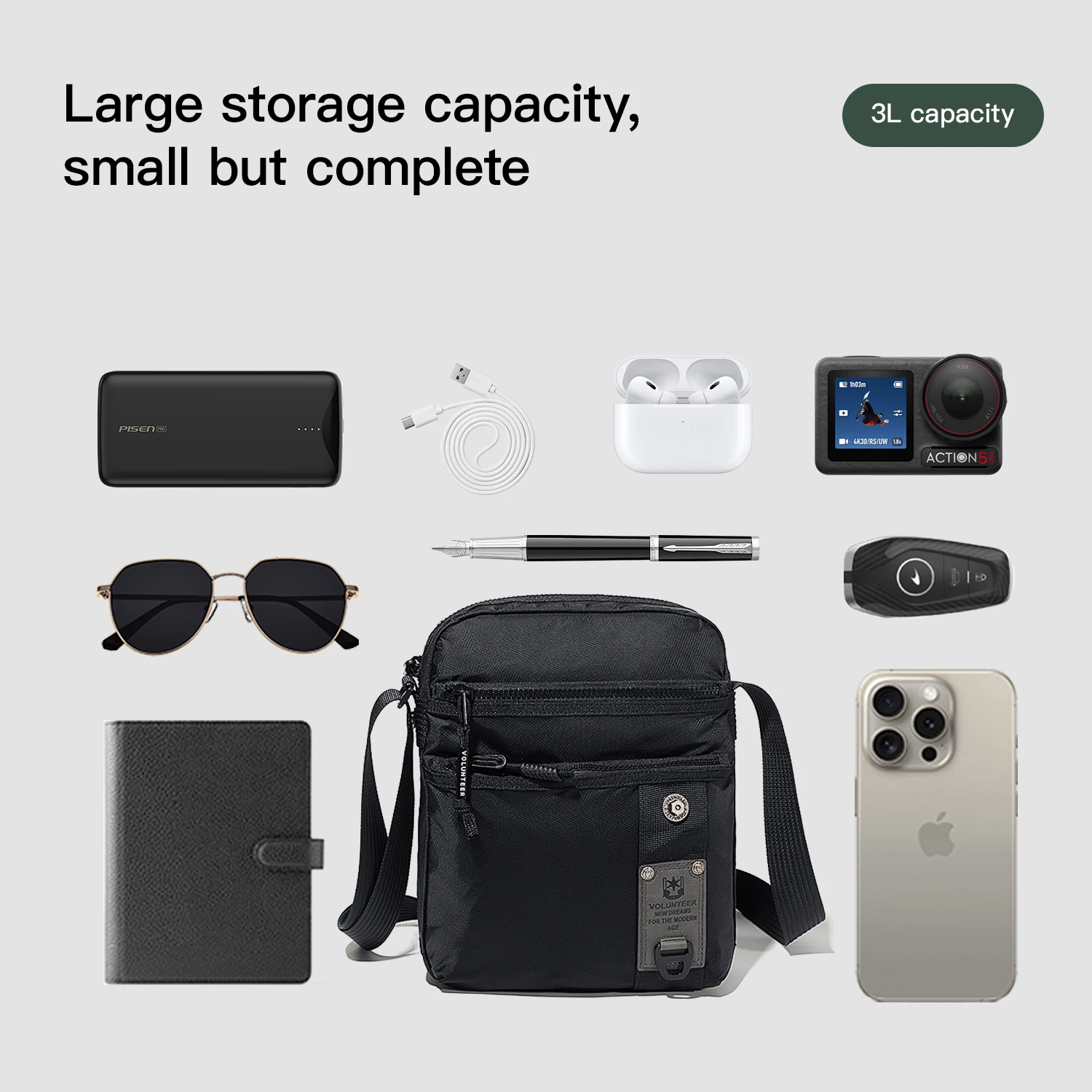 Volunteer 3L Crossbody Shoulder Phone Bag Men's Casual Simple Multifunctional Waterproof Oxford Cloth Sling Bag for Men 1809-10