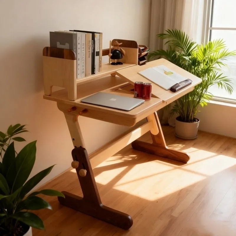 Multifunctional adjustable upturn reading full solid wood desk, youth home writing tables and chairs