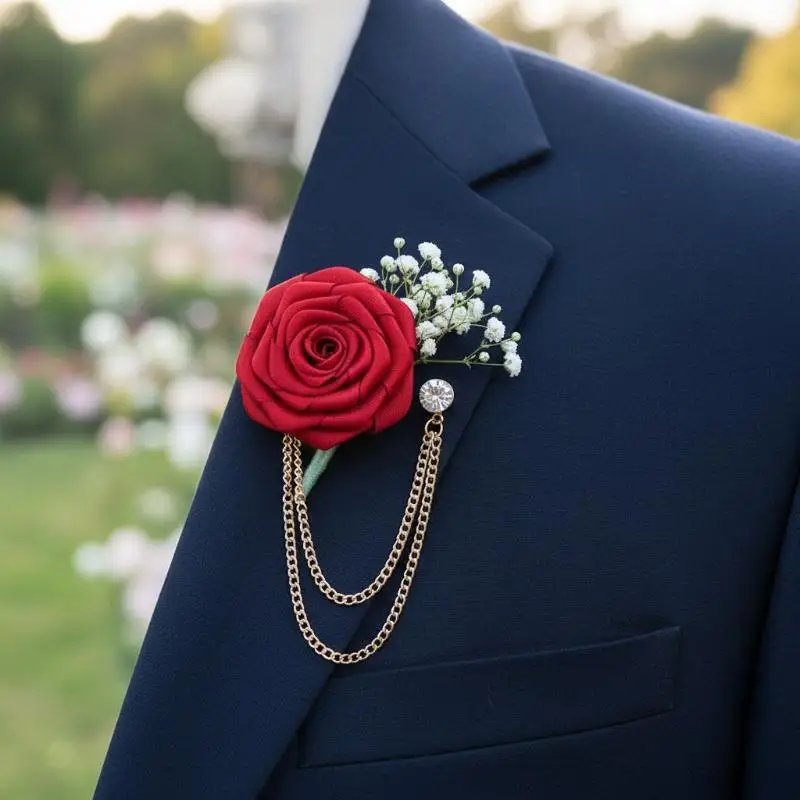 Elegant and Unique Wedding Brooch for Grooms with Handmade Cloth Rose and Tassel Chain