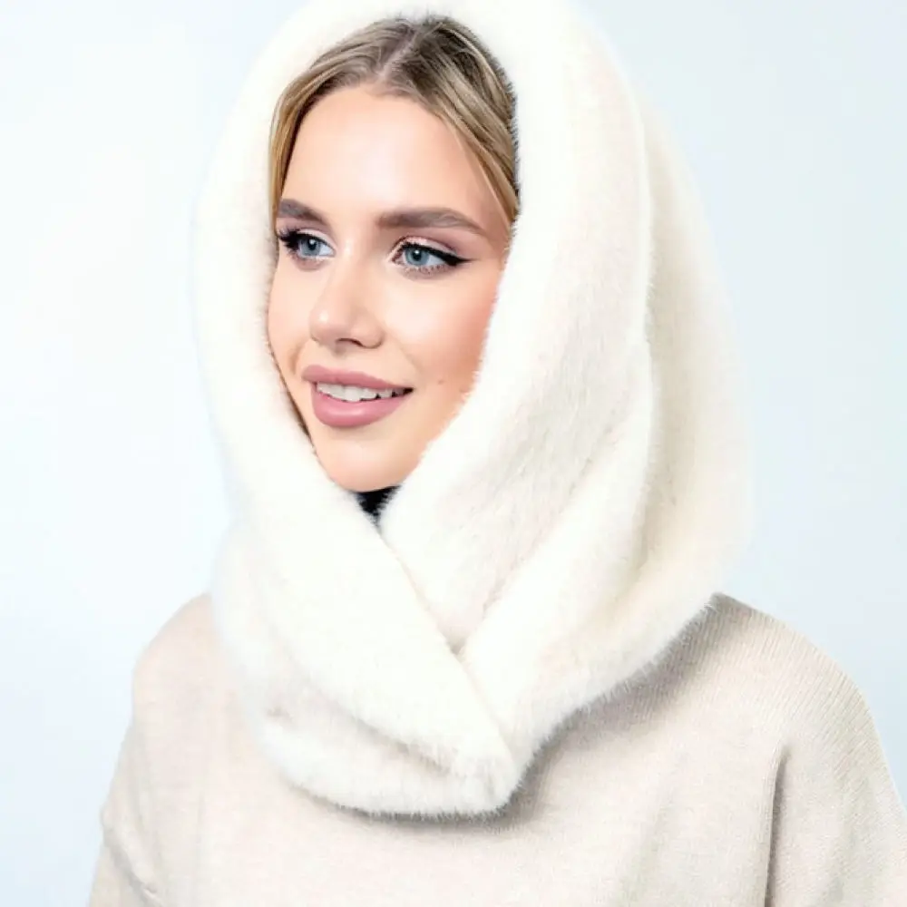 Plush Warm Hat For Women Winter Ear Warmer Cap Neck Protection Scarf All In One Cute Solid Color Soft Outdoor Thermal Headgear