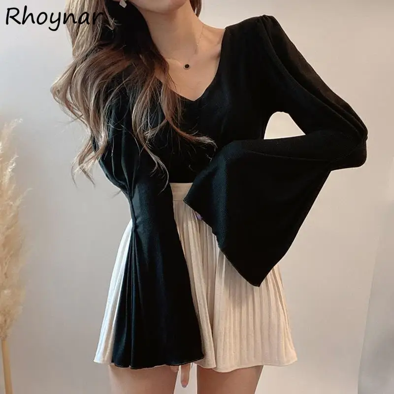 

Skirts Women Sets Autumn Pleated Slim Fashion Elegant Mini Feminine Street High Waist Blouse Flare Sleeve V-neck Sexy Female New