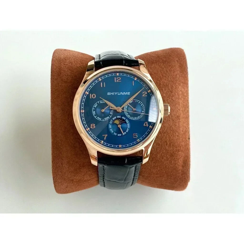 Relógio mecânico automático de alta qualidade, relógio esportivo masculino, ouro rosa, azul, mostrador branco, pulseira de couro