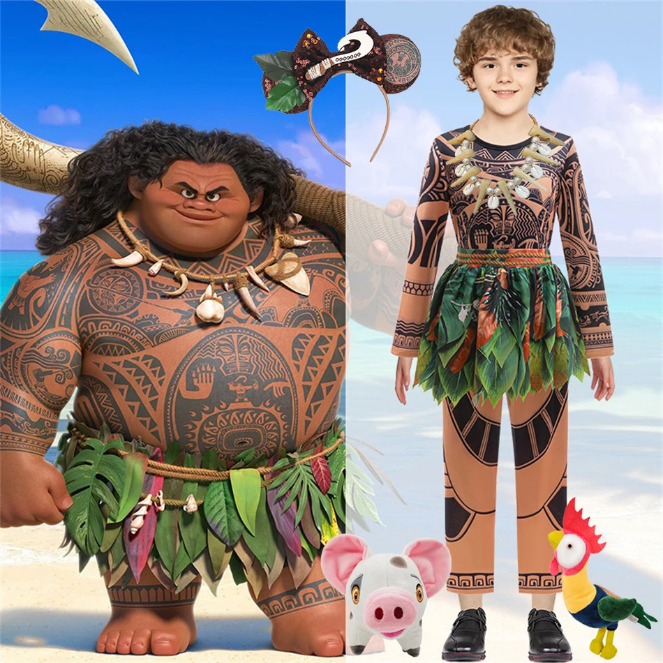 Disney Moana 2 Maui Clothes Tattoo T Shirt Pants Sets Boys Costume Kids Cosplay Halloween Birthday Carnival Performance Outfits