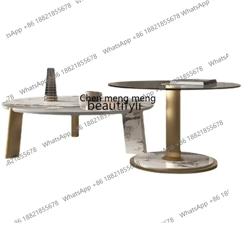 cn8350 LHY zq Modern High-Grade Tea Table Master Small Apartment round Stone Plate Amber-Yellow Glass Tea Table Combination