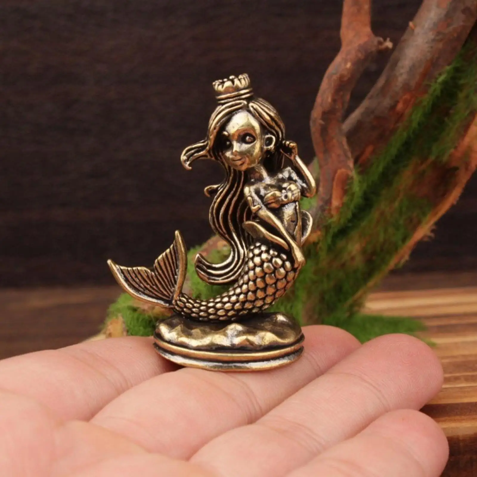 Fantasy Mermaid Statue Brass Princess Tabletop Decor Miniature Ornament for Office Gothic Bookshelf