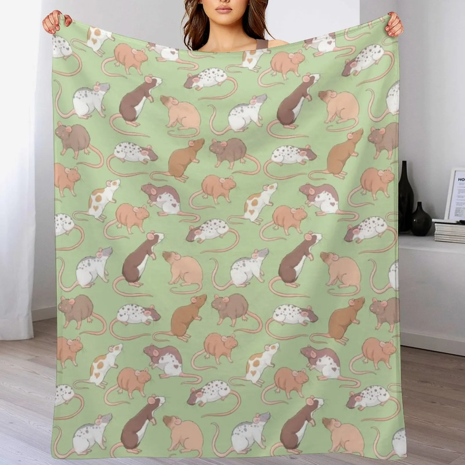 Cute Rattie rats illustration patter against green background Whimsicolour art Throw Blanket bed plaid Custom Blankets