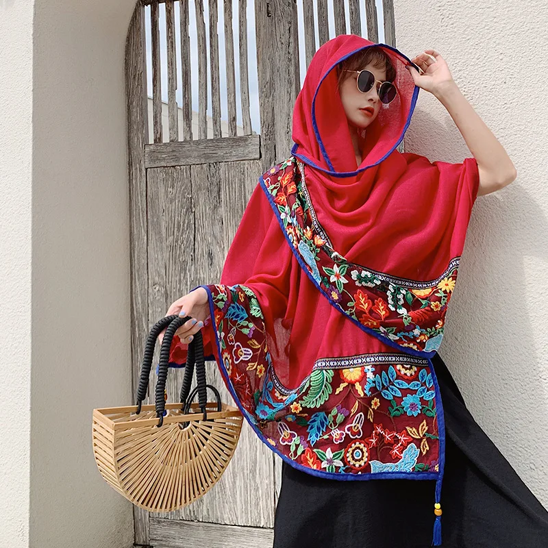 

Red Embroidered Lace Scarf with Fringe 1PC Women Beach Shawl Sun Protection Oversized Summer Scarf Women