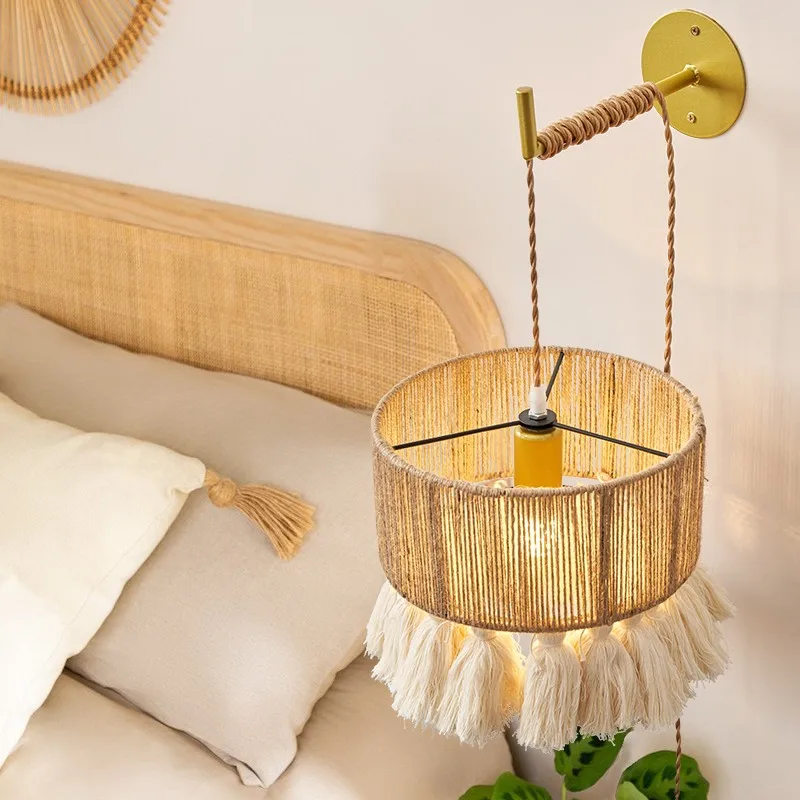 Imagem -04 - Bohemian Cotton Tassel Wall Sconce Wabi-sabi Hemp Rope Lamp Led Hand Knitting Quarto Wall Mounted Homestay Abajur E27