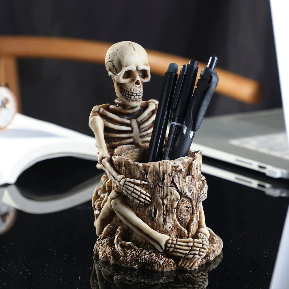 

Skull Pen Holder Premium Resin Hand Painted Desktop Decoration Stationery Storage Organizer Brush Pot Cosmetics Holder