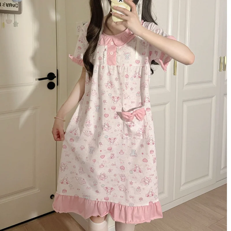 

Sanrio My Melody women's Sleeping skirt kawaii cartoon summer leisure T-shirt sleeping pajamas long skirt home clothes new style