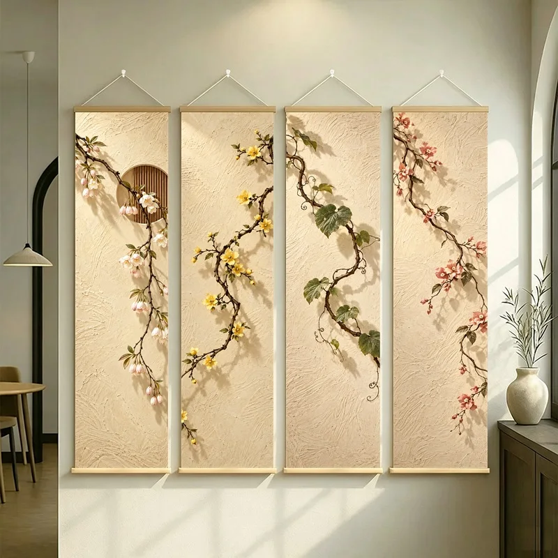 Wall Art Japanese Kerria and Kiwi Vine, Serene Wabi-Sabi Botanical Silver Shimmer Canvas Hanging Scroll for Zen Sanctuary