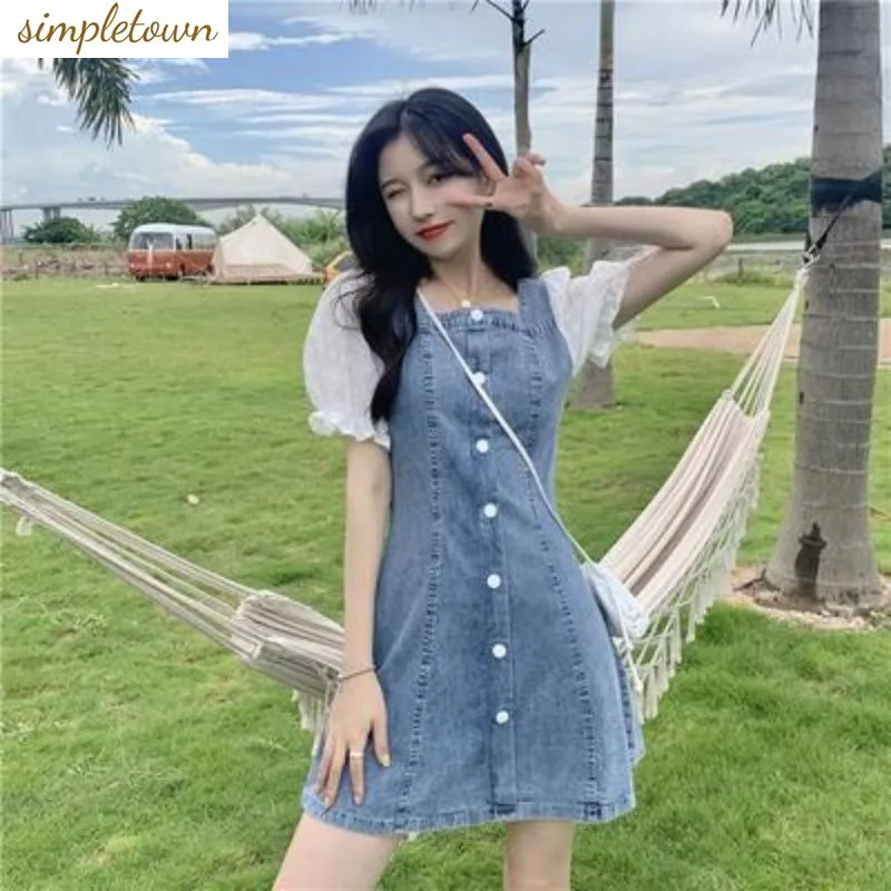 Thin spring/summer slim fit denim short sleeved dress with lace patchwork loose fitting women's dress trend