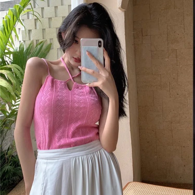 Women Sexy Halter Tops 2023 Summer Hollow Out Knitted Solid Cropped Tops Ladies Spaghetti Strap Camis Crop Top Y2k Fashion Tanks