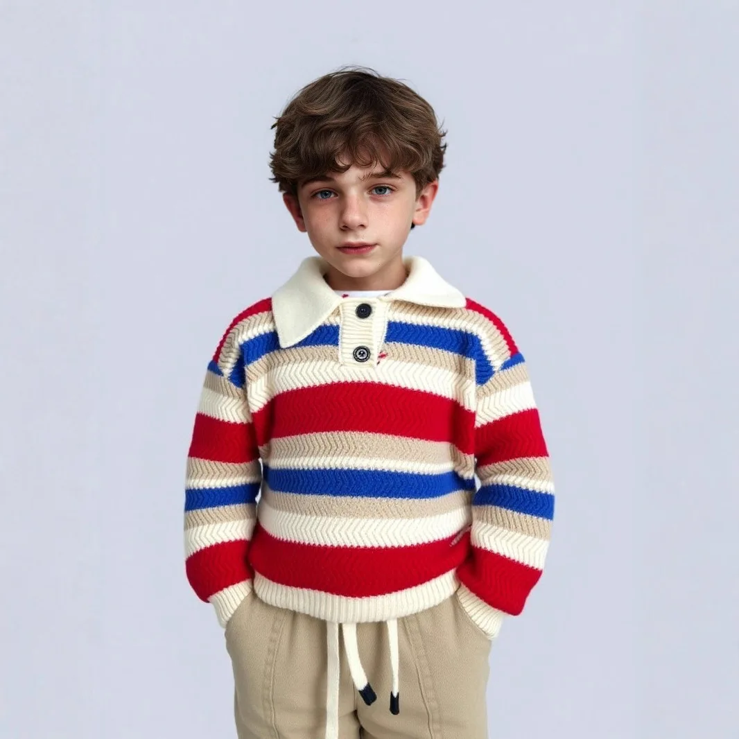 2025 Chic Spring Autumn New Style Striped Pole Fashion Versatile Round Neck Baby Boys Sweater Turn Down Collar Pullovers IY08152