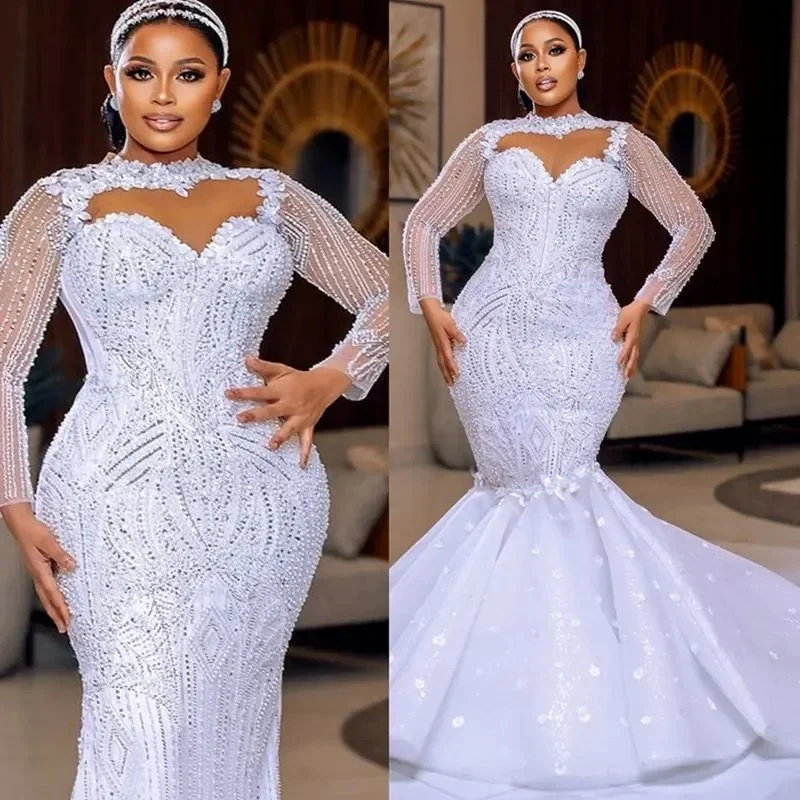 Customized Elegant African Wedding Dress Bridal Gowns For Bride Detachable Train Mermaid Sheer Neck Illusion Long Sleeves Beaded