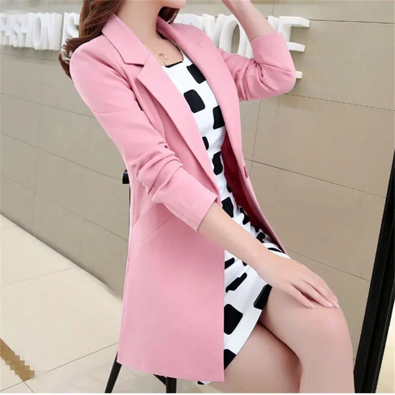 Women Spring Autumn Korean New Small Suit Commute Fashion Look Thinner Button Splicing Versatile Long Sleeved Mid Length Coat