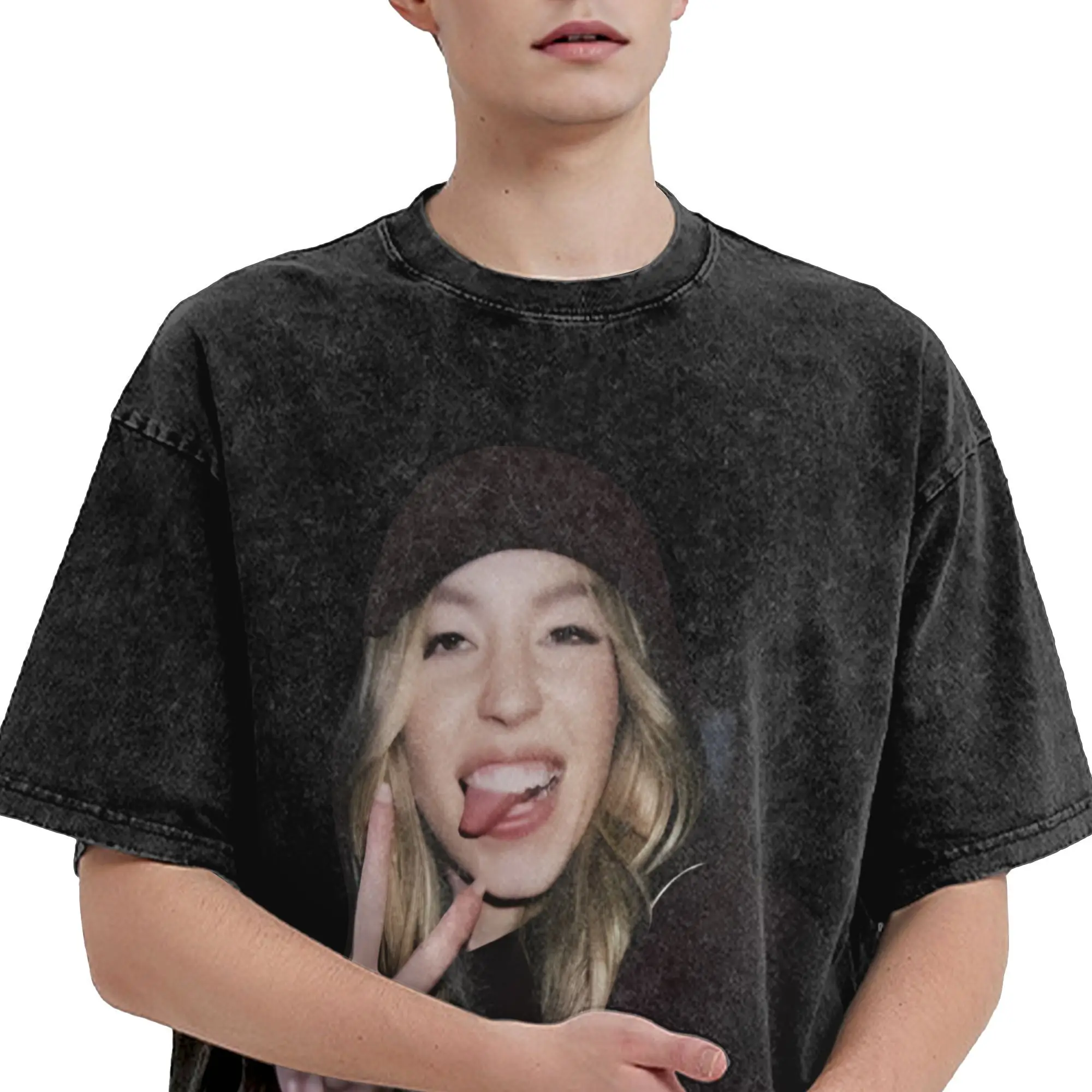 تي شيرت فريد من نوعه Happy Sydney Sweeney Grimace تي شيرت رجالي برقبة دائرية من القطن الخالص مغسول بأكمام قصيرة تي شيرت فريد من نوعه