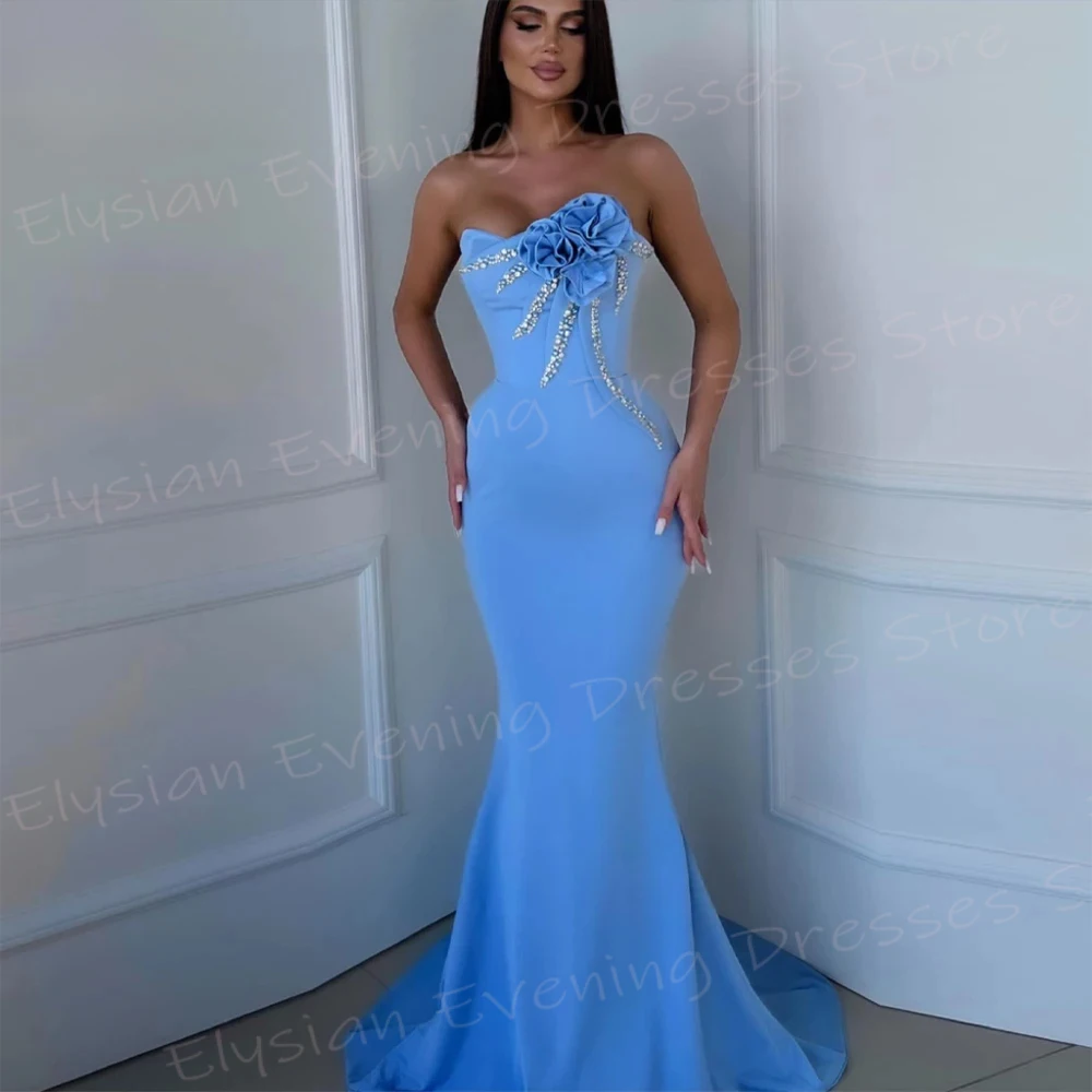 Elegant Blue Women\'s Mermaid Simple Evening Dresses Sexy Strapless Prom Gowns Sleeveless Beaded Flowers فساتين سهره نسائيه فخمة