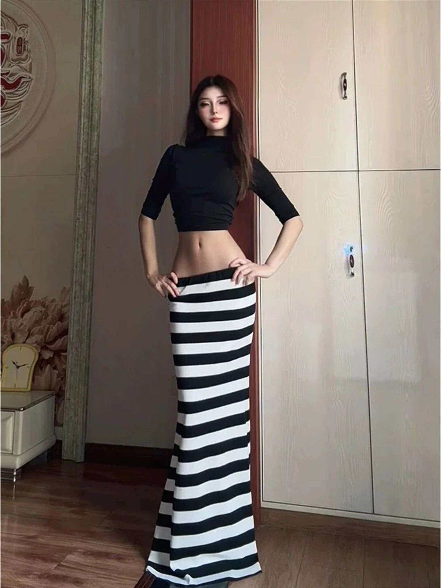 High Waist Striped Half Skirt for Women Summer Slimming Color Block Cotton Fish Tail Long Skirt Sexy Girl Pure Desire