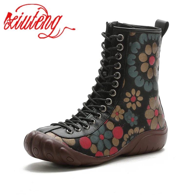 Xiuteng New Flat-Bottomed Tendon-Soled Women's Boots Ethnic Style Leather Printing Mid-Tube Warm And Comfortable Winter Shoes