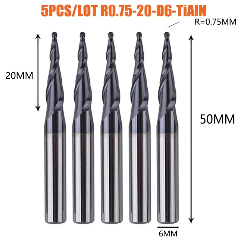 Dreanique 5 stuks/verpakking 4 6mm schacht 2 snijkanten hardmetaal volhardmetaal conische bolkop CNC graveerfrees frees voor hout en metaal