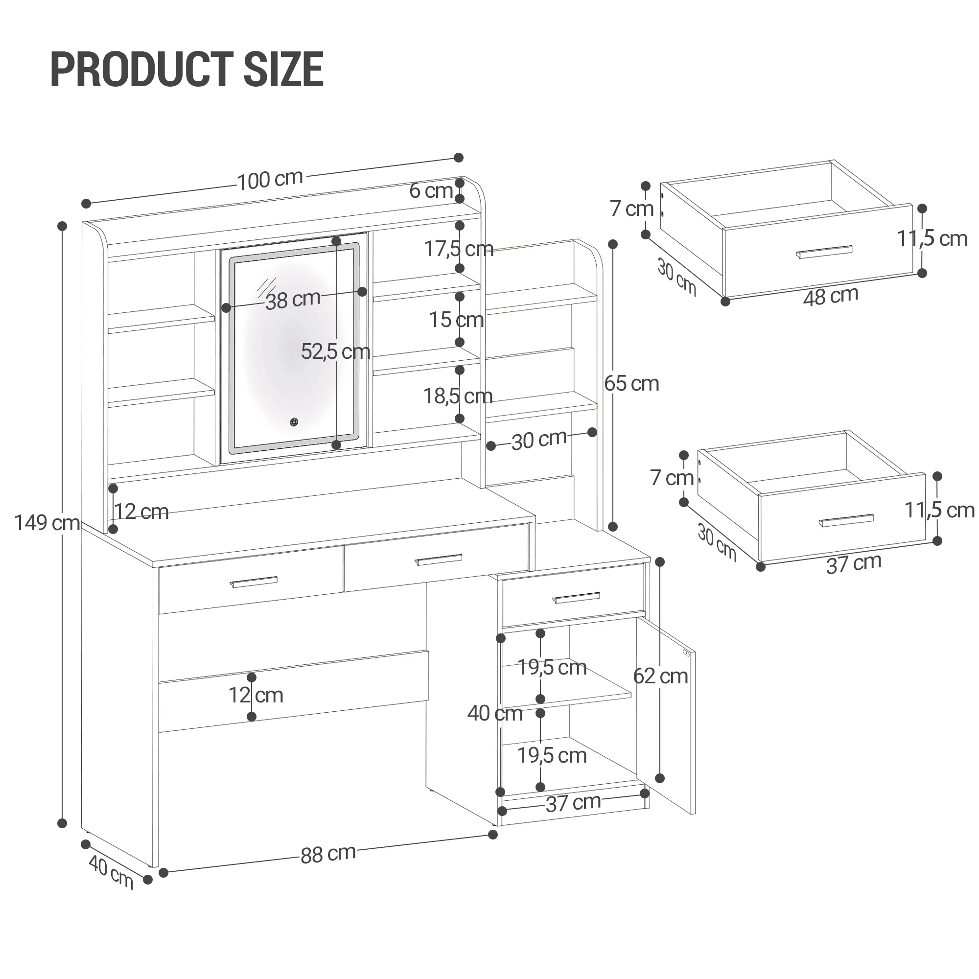 طاولة تزيين هزوانري مع مرآة، وإضاءة LED قابلة للتعديل، و3 أدراج وخزانة واحدة، وأرفف مفتوحة متعددة المستويات