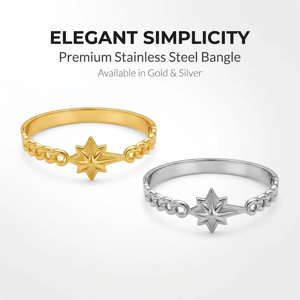 JP One Gold Color Snap-on Bangle, Stainless Steel Eight-pointed Star Bracelet for Women, Fashion Jewelry Gift