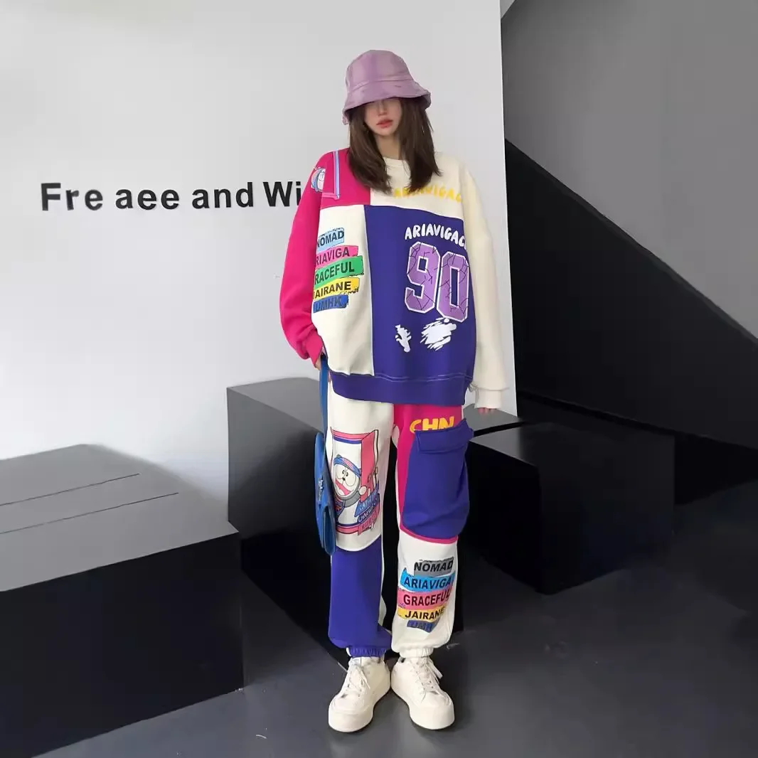 Winter College Style Contrasting Color Splicing Oversized Sweatshirt and Thickened Sweatpants Fleece Casual Sports Sets Women