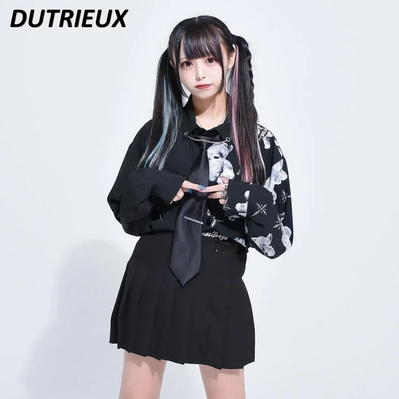 Japanese Harajuku Style Fashion Brand Chain Tie Long-Sleeved Shirt Punk Visual Neutral Men\'s and Women\'s Loose Printed Tops