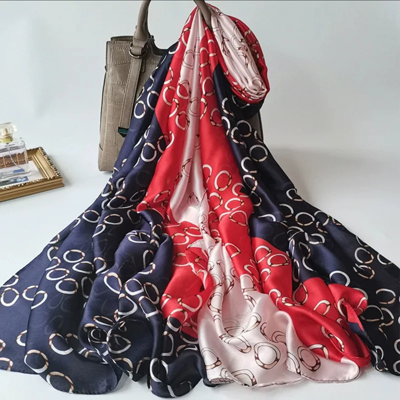 

High Quality Fashion Printed Scarf Satin Imitation Elegant Lady Sunscreen Shawl Long Scarves Streamer