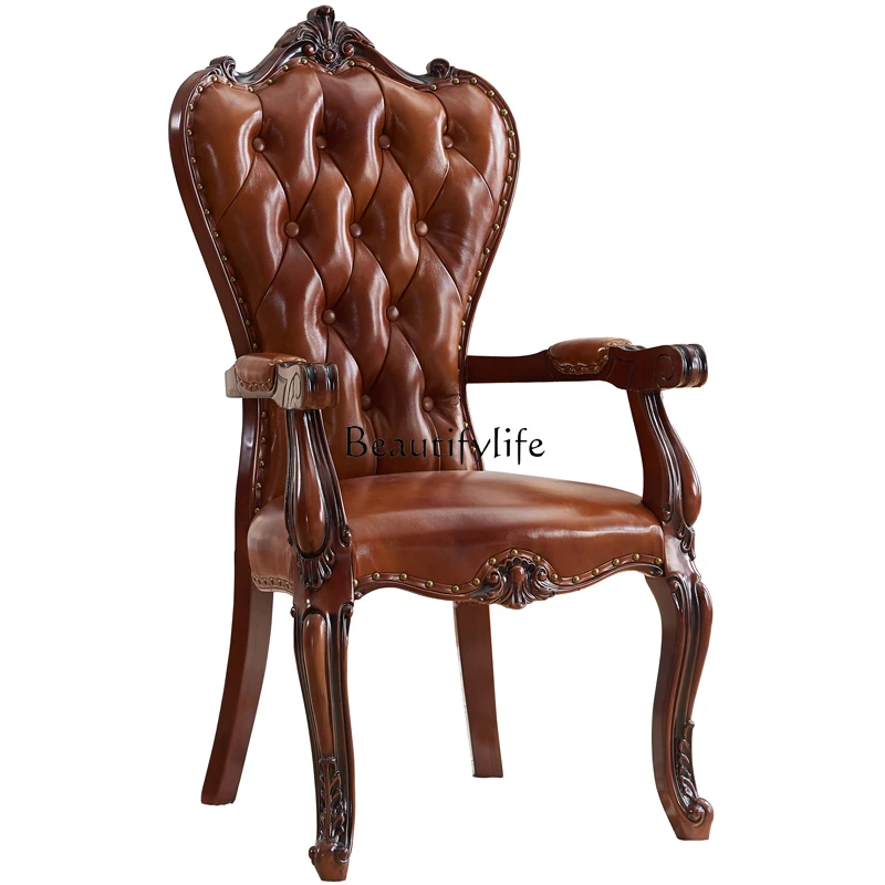 

American solid wood armchair European leather art soft bag comfortable dining chair