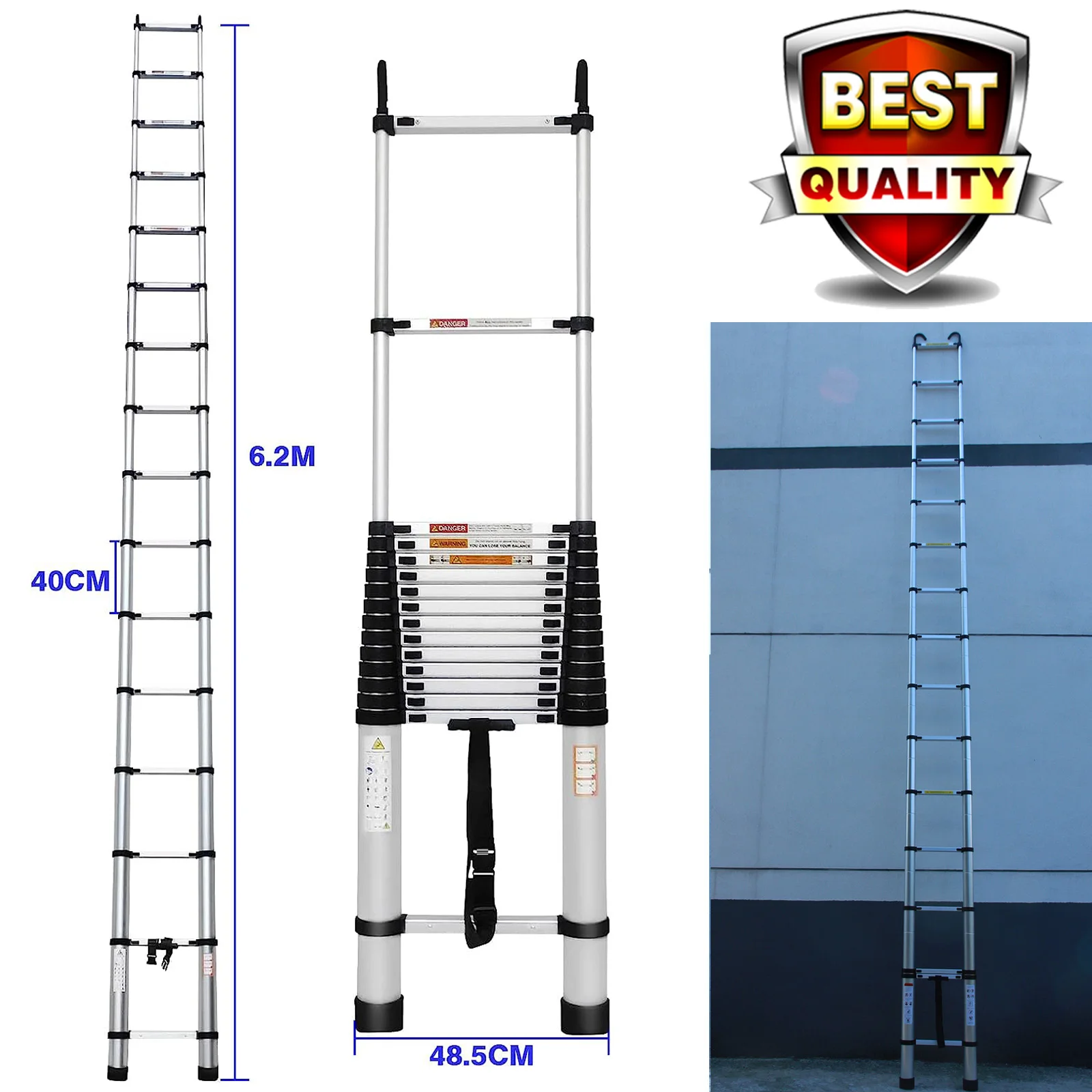 

Multipurpose 6.2m/20.3ft Telescopic Ladder with Removable Hook Aluminum Folding ladder Non-slip fixed extendable Sturdy 15 Steps